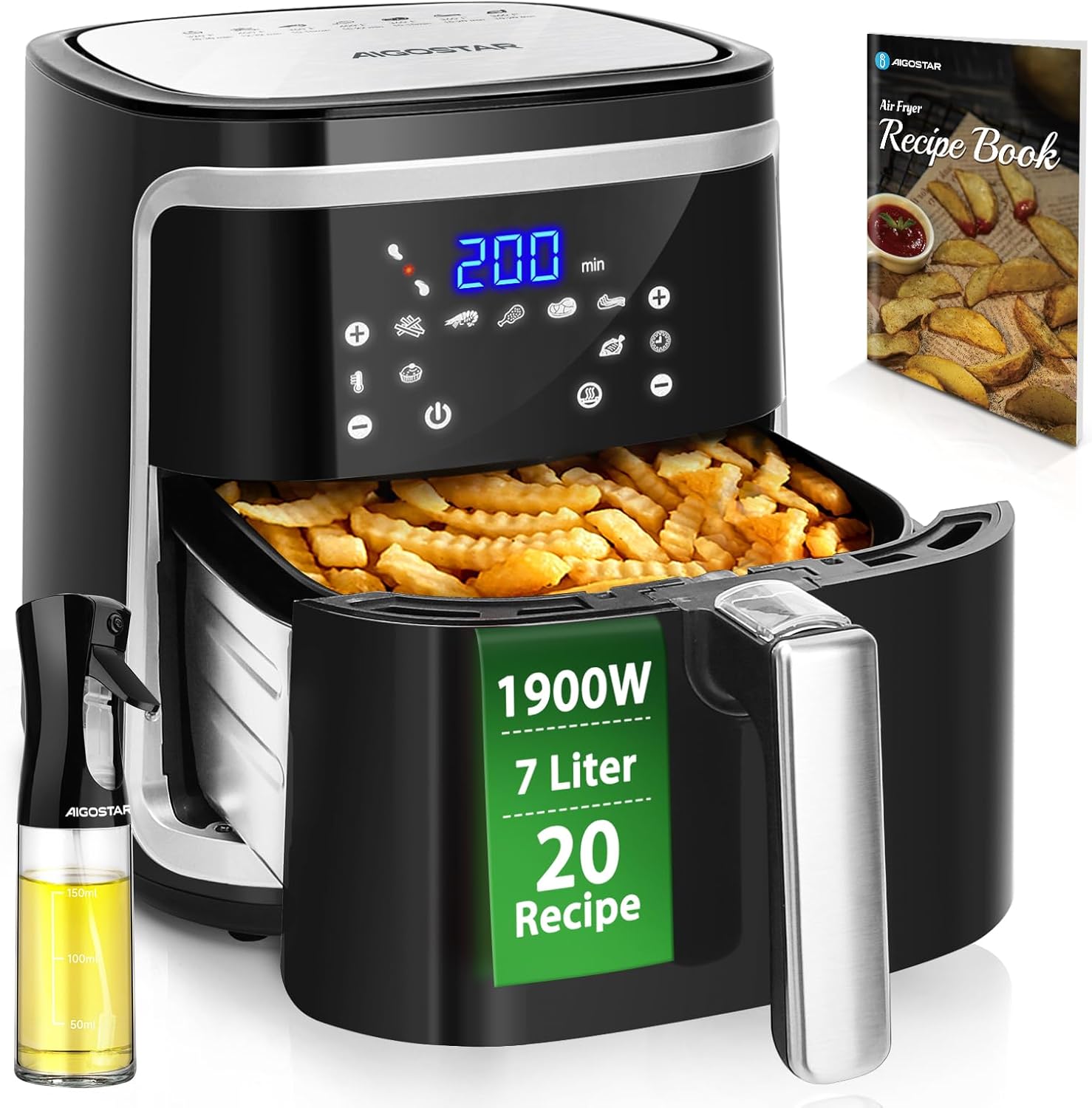 Aigostar Cube - Heißluftfritteuse 7L XXL, Airfryer 1900W, 7 Programmen, Warmhalten, 20 Rezepte, ohne Öl, für 6-10 Personen, Air Fryer mit Digitalem LED-Touchscreen, Schwarz