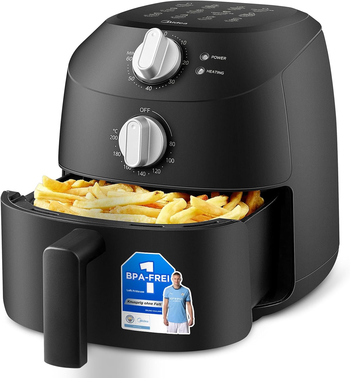 Midea Heißluftfritteuse 2L,1150W Airfryer, Frittieren ohne Öl, Heißluft Fritteusen, Automatische Abschaltfunktion, ölfrei, Leicht zu reinigen, BPA-frei, Schwarz