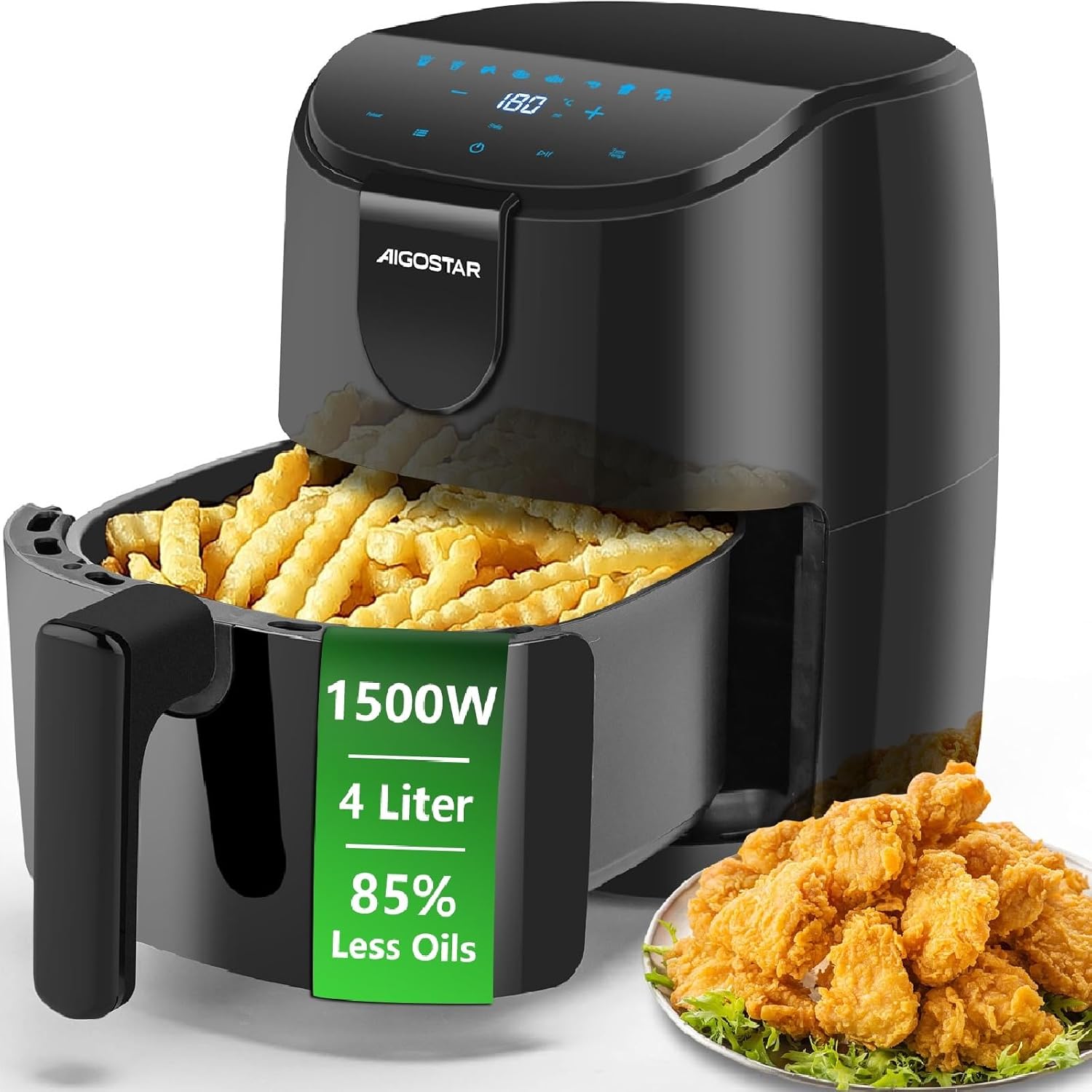 Aigostar Air Fryer 4L, Heißuftfritteuse XXL, Heissluft Fritteusen ohne Öl, 8 Menü, LED Touchscreen, 1500W, BPA-frei