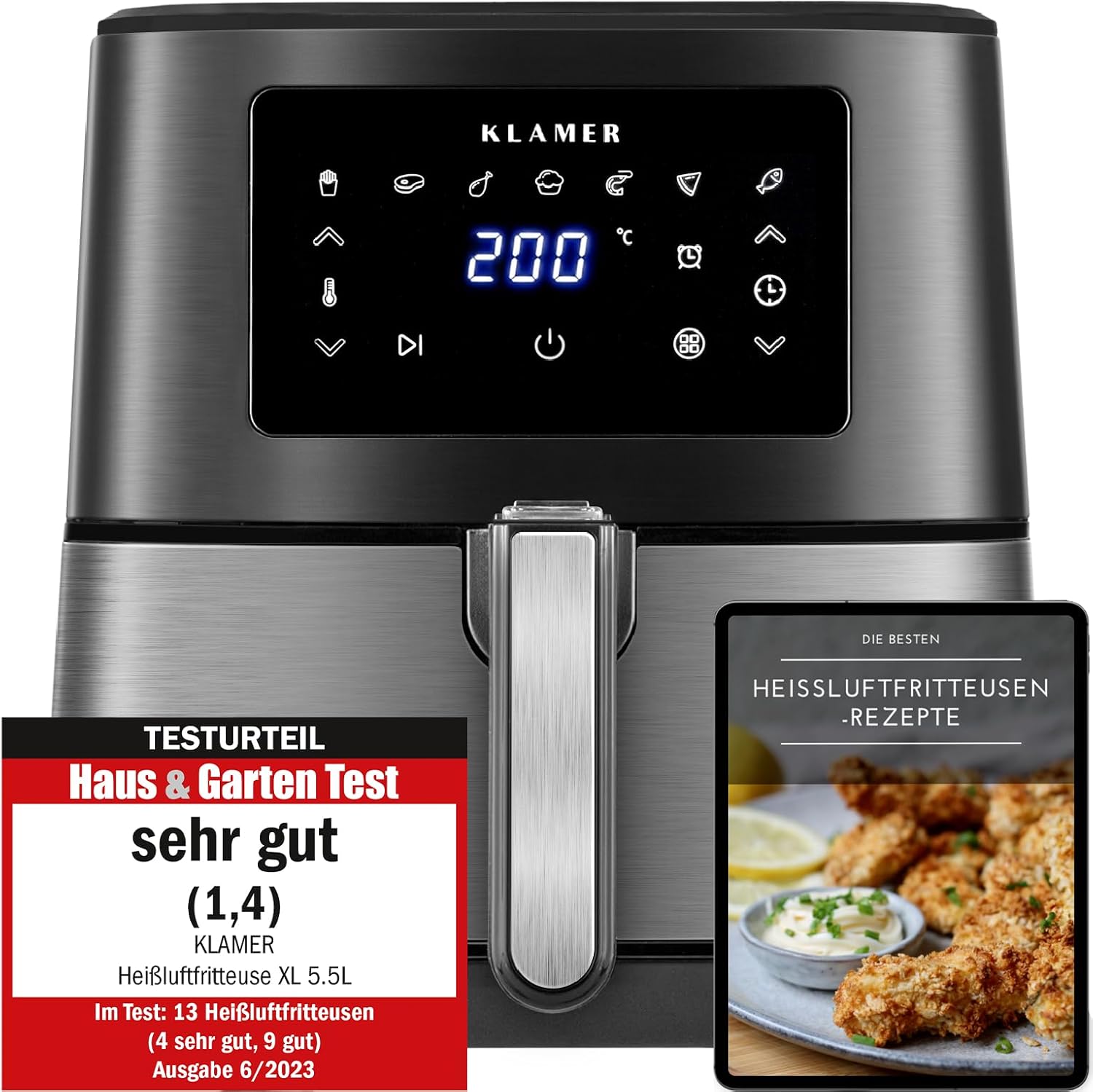 KLAMER Heißluftfritteuse 5,5l XXL, ölfreie Friteuse, 1700W Airfryer mit LED-Touchscreen, digitalem deutschen Rezeptbuch, multifunktionale Mini-Heissluftfrittuese ohne Öl