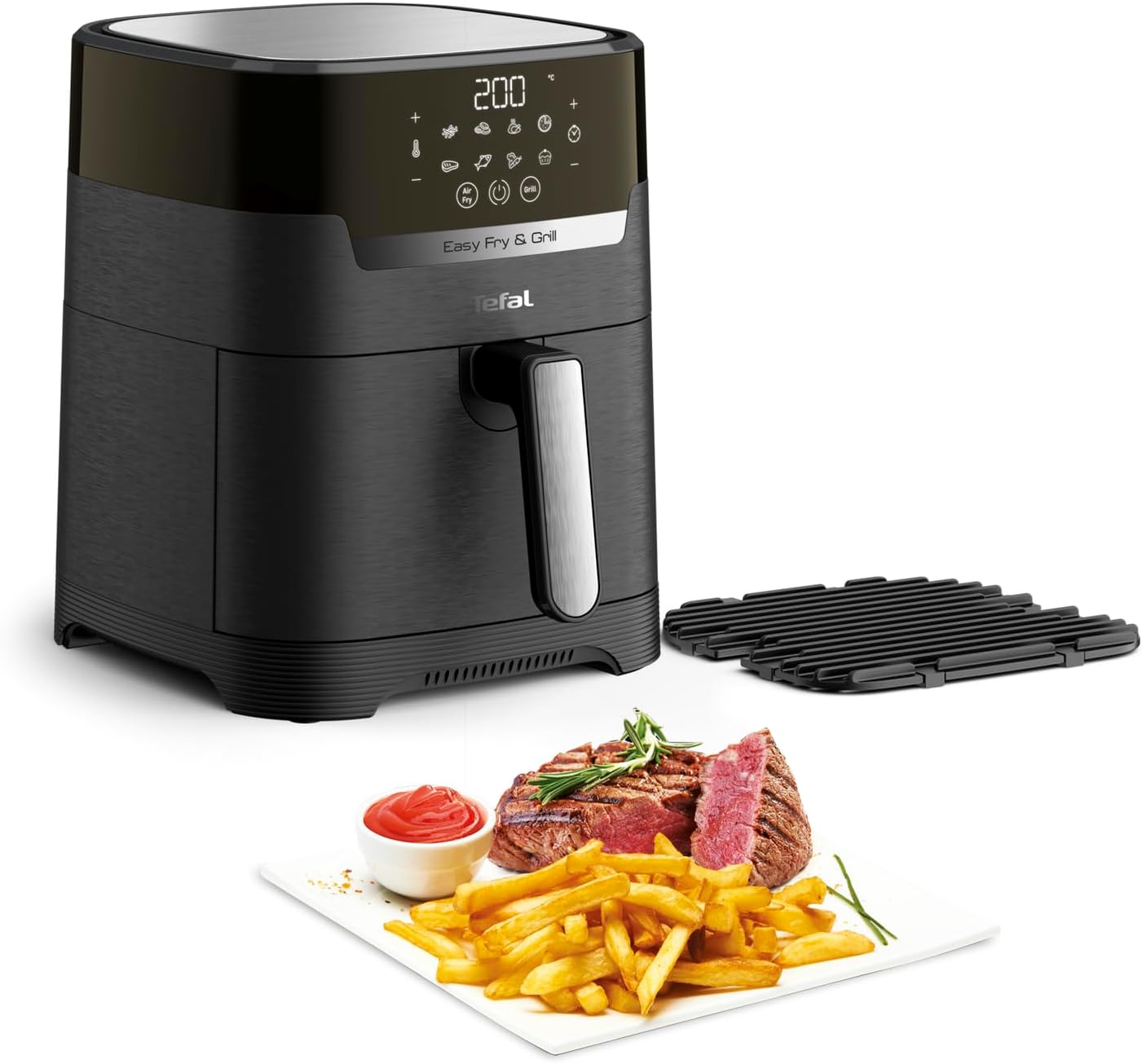 Tefal Easy Fry & Grill Heißluftfritteuse, 2-in-1 Technologie (Air Fryer und Grill), Digitales Display, 4,2 Liter für 6 Portionen, 8 Kochprogramme, energiesparend, ohne Öl, schwarz, XL, EY5058