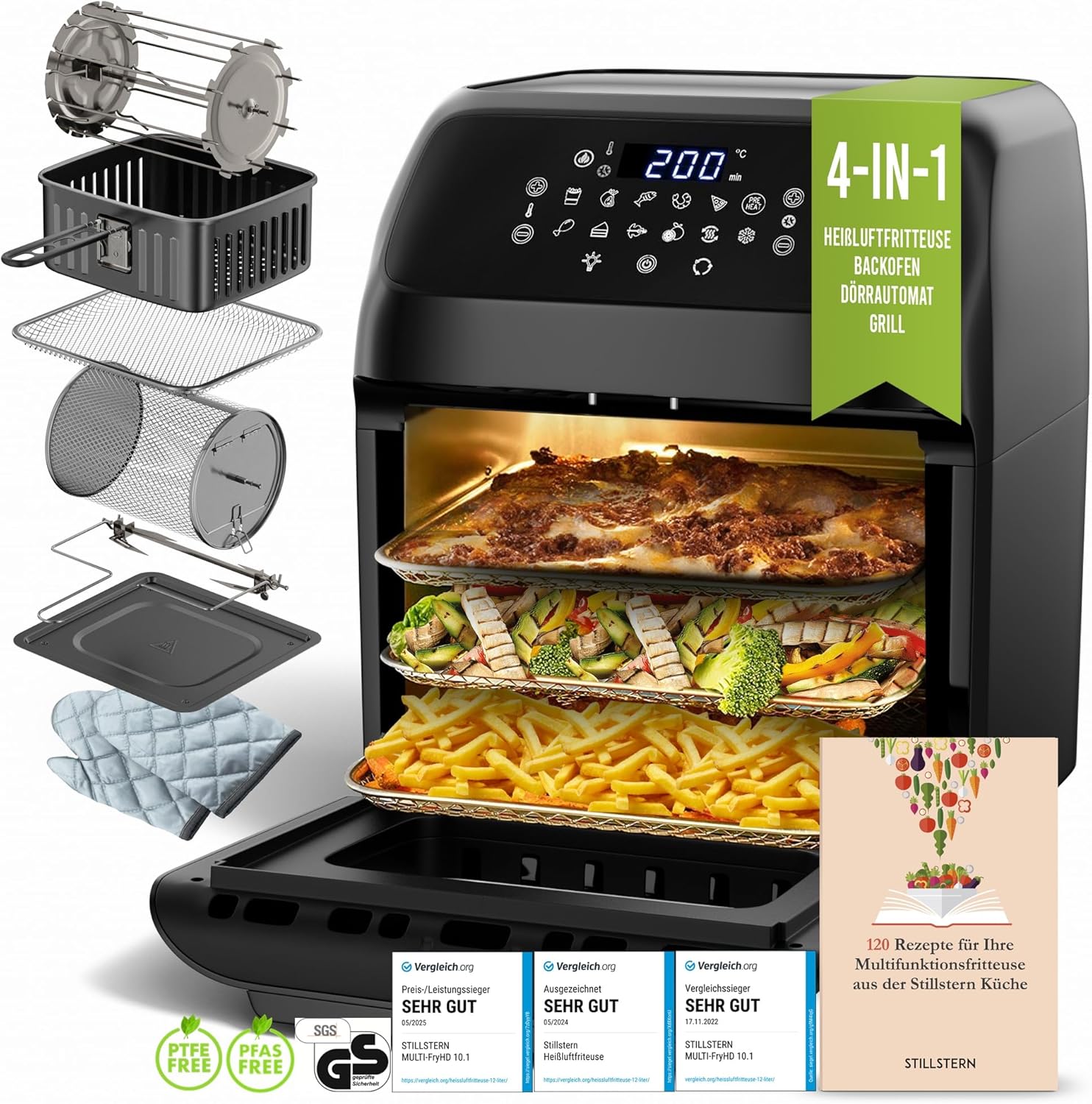 Stillstern Heißluftfritteuse 12L mit LED-Touchscreen, XXL Rezeptbuch auf Deutsch, 12 Programme, Vorheizen&Warmhalten, 1800W Heissluftfritteuse Air Fryer XXL ohne Öl Dörren Minibackofen Camping Grill