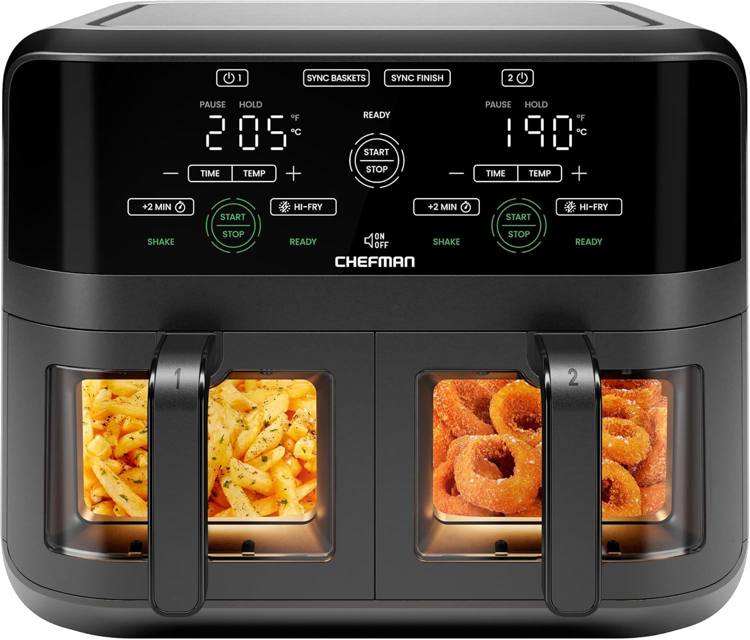 CHEFMAN 5,6 Liter Doppelkorb- Heißluftfritteuse mit Easy-View-Fenster, Sync-Finish, Hi-Fry, automatische Abschaltung, spülmaschinenfest, 2100W, digital - Schwarz