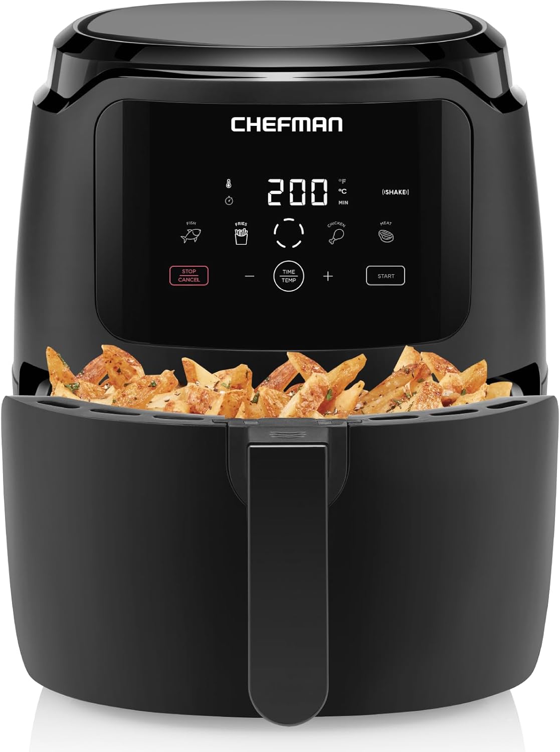 Chefman Digitale Heißluftfritteuse, 4.75 Liter Familiengröße, One Touch Steuerung, Pommes, Hähnchen, Fleisch, Fisch, Antihaftbeschichtet, Spülmaschinenfeste Teile, Automatische Abschaltung, Schwarz