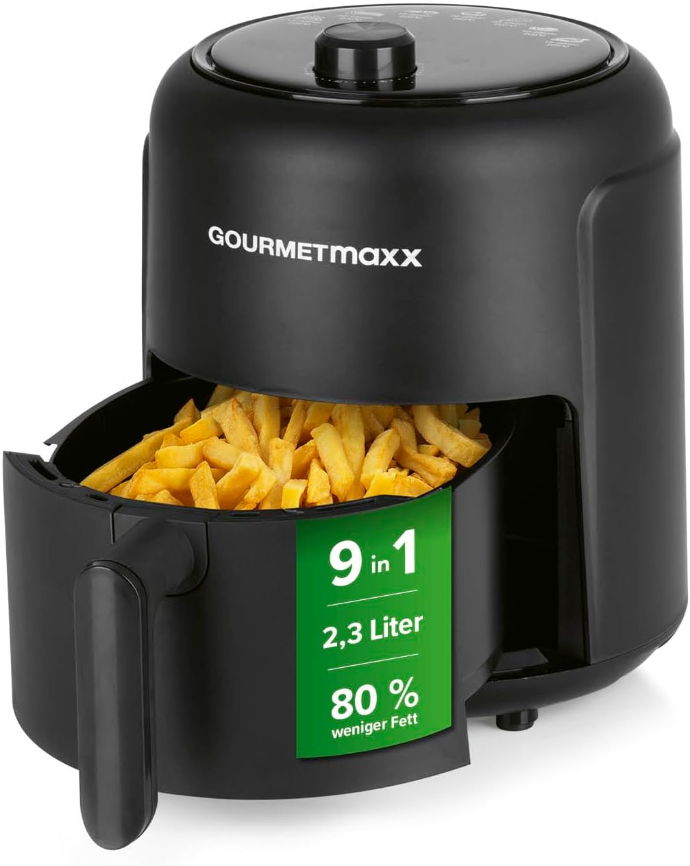 GOURMETmaxx Heißluftfritteuse 2,3L | Airfryer mit 60 Minuten Timer und 9 Funktionen inkl. Vorheizen & Warmhalten | energiesparend & geruchsarm frittieren – nahezu ohne Öl | 1000 W