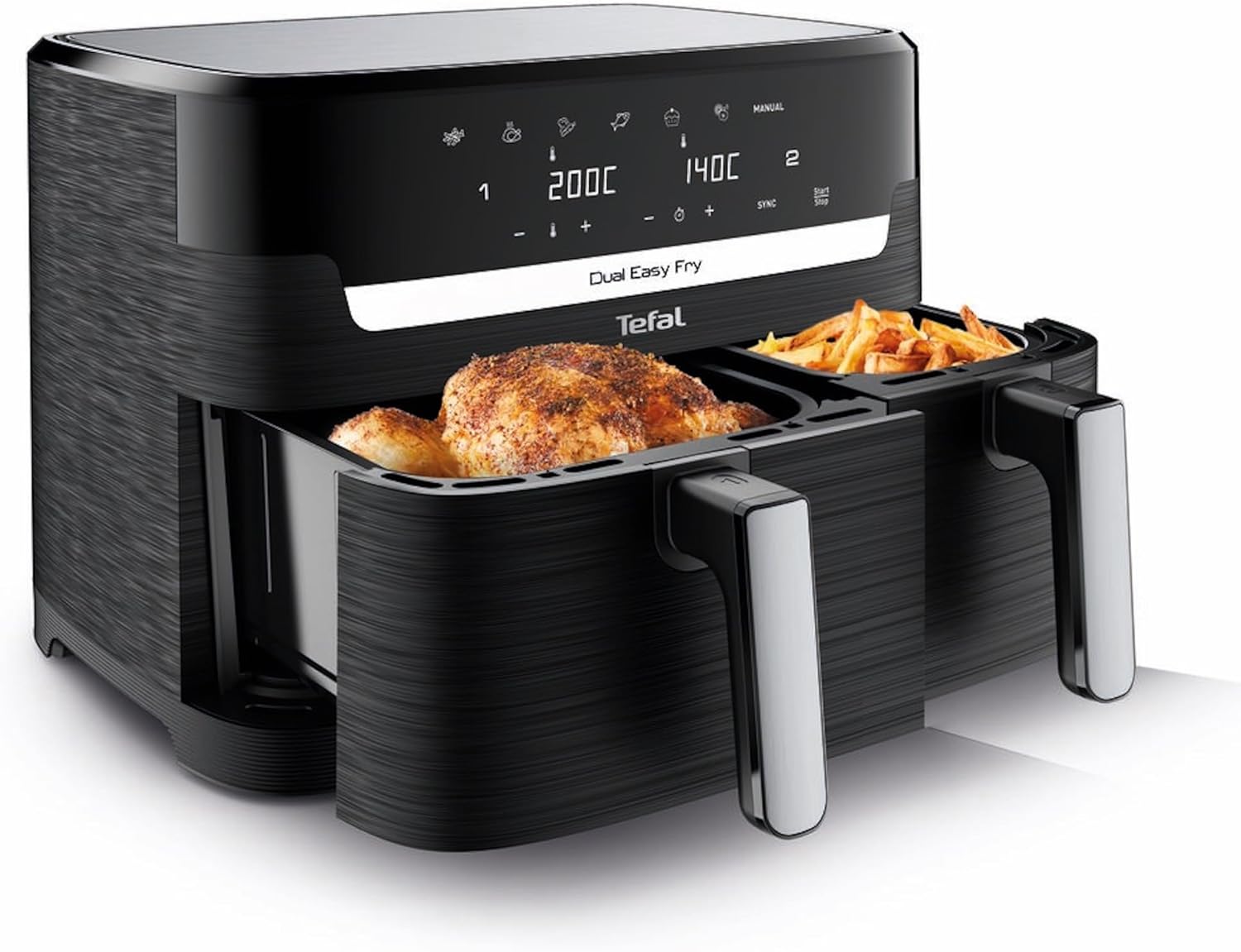Tefal Dual Easy Fry Heißluftfritteuse Doppelkammer, 5,2/3,1 L Fassungsvermögen, zwei unabhängige Schubladen, 7 automatische Programme, energiesparend, schwarz, EY9018