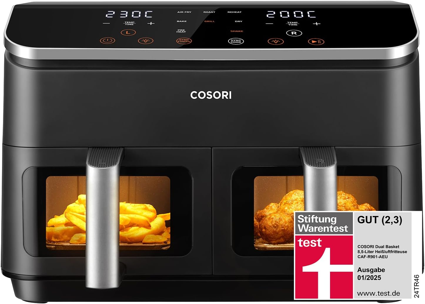 COSORI Heißluftfritteuse 2 Kammern, Testsieger der Stiftung Warentest, 6-in-1 Dual Zone Air Fryer 8,5 L, Doppelkammer mit Sichtfenster für ausgewogene Mahlzeit, Helles Silber