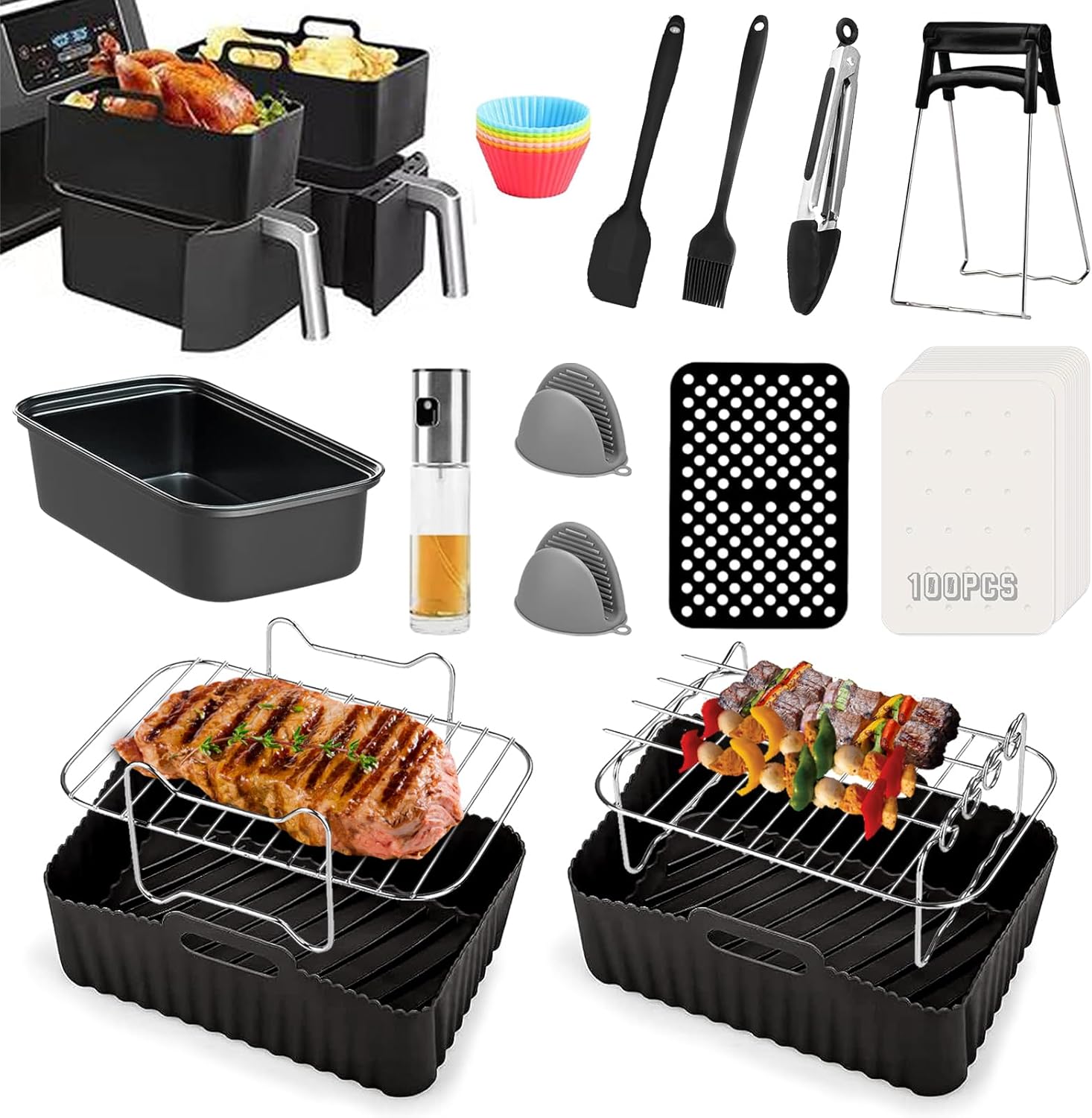 Heißluftfritteusen Zubehör für Ninja Foodi AF400EU, AF300EU, Emerio, Princess, Innsky, COSORI, Tower 7,6L/8L/9L/9,5L Dual Zone Heißluftfritteuse, Silikoneinlagen&Grillroste&Backformen usw, Schwarz