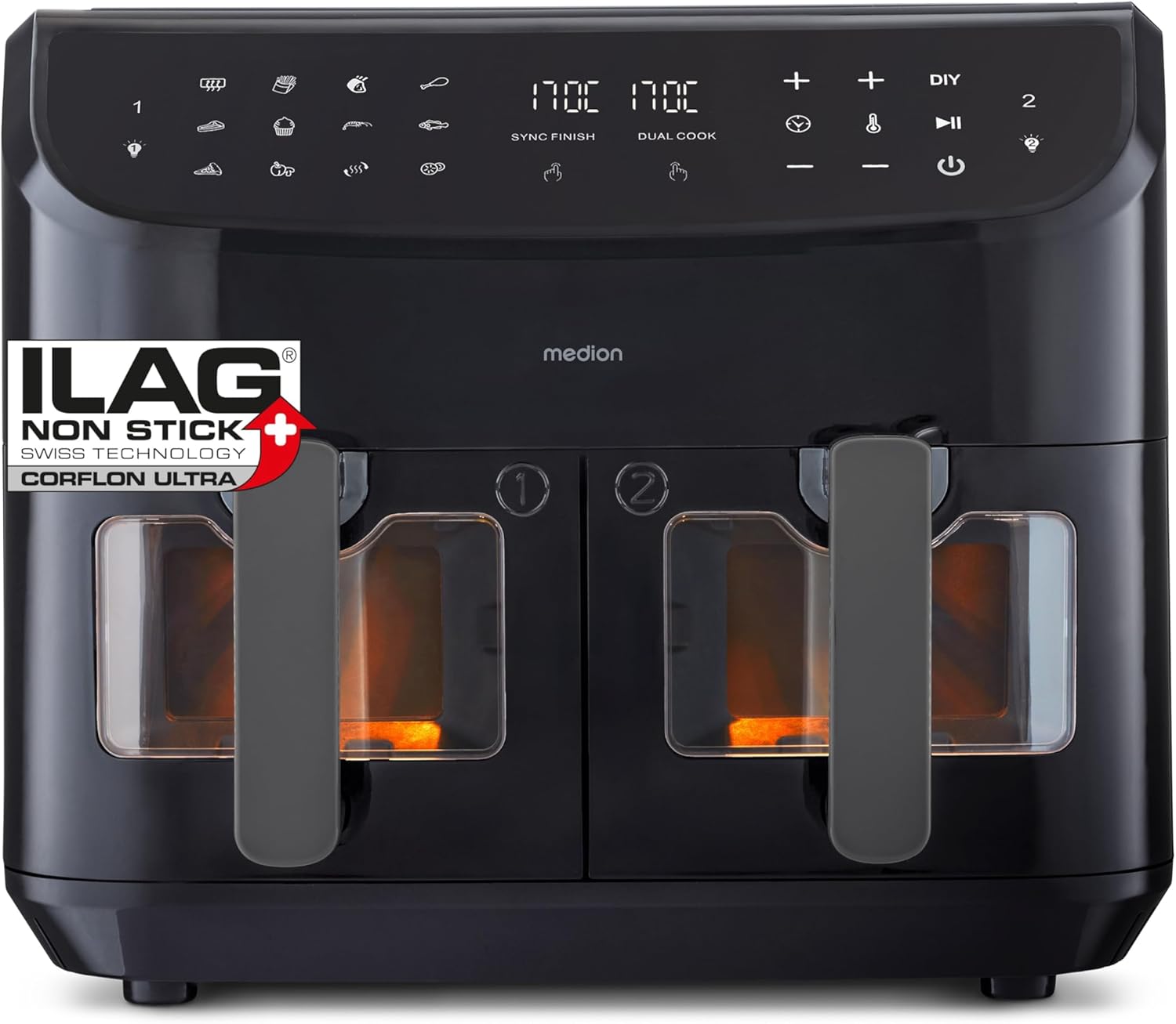 MEDION P20 XXL Heißluftfritteuse mit 2 Kammern MD11760 (8,7 Liter, Airfryer, 2.600 Watt, Doppelkammer, 10 Automatikprogramme, 2 Schubladen, Sichtfenster, Dualer Airfryer) schwarz