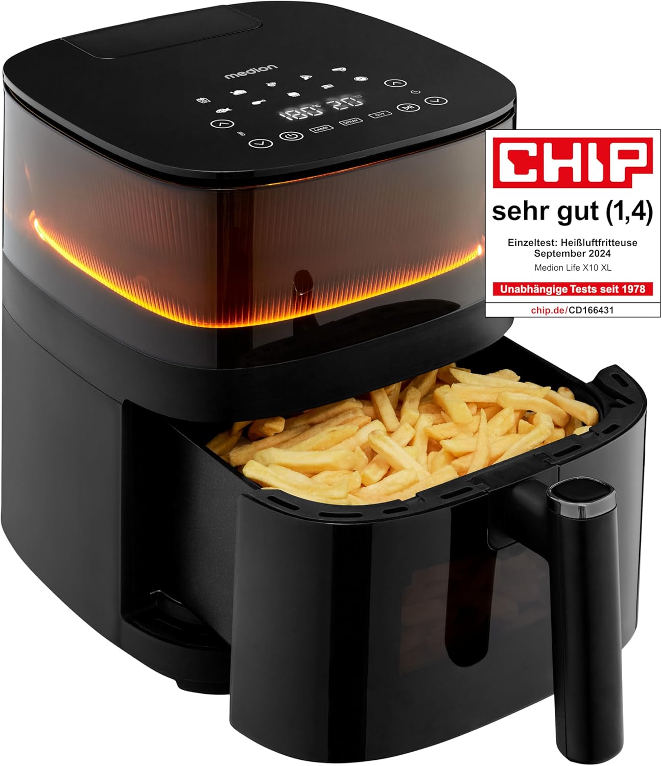 MEDION X10 XL Heißluftfritteuse MD11780 (5 Liter, Airfryer, innovative Wassersprühfunktion für krosse knusprige Speisen, 1.500 Watt, Sichtfenster, Schüttel Alarm,10 Automatikprogramme)