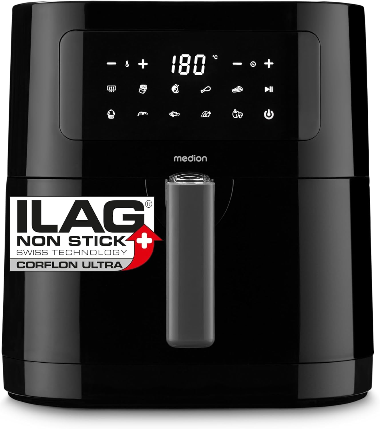 MEDION E40 XL Heißluftfritteuse (5,2 Liter, Airfryer, 2.150 Watt, 9 Automatikprogramme, Backfunktion, ölfreies Frittieren, Touch Bedienfeld, LED Anzeige, MD 11740) schwarz