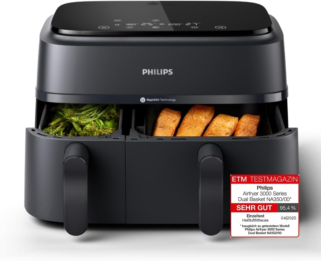 Philips Airfryer Dual Basket 3000 Series Heißluftfritteuse, 9L, 2 Körbe, 2 Gerichte gleichzeitig, RapidAir Plus Technologie, 90% weniger Fett, Energieeffizient, HomeID App (NA350/00)
