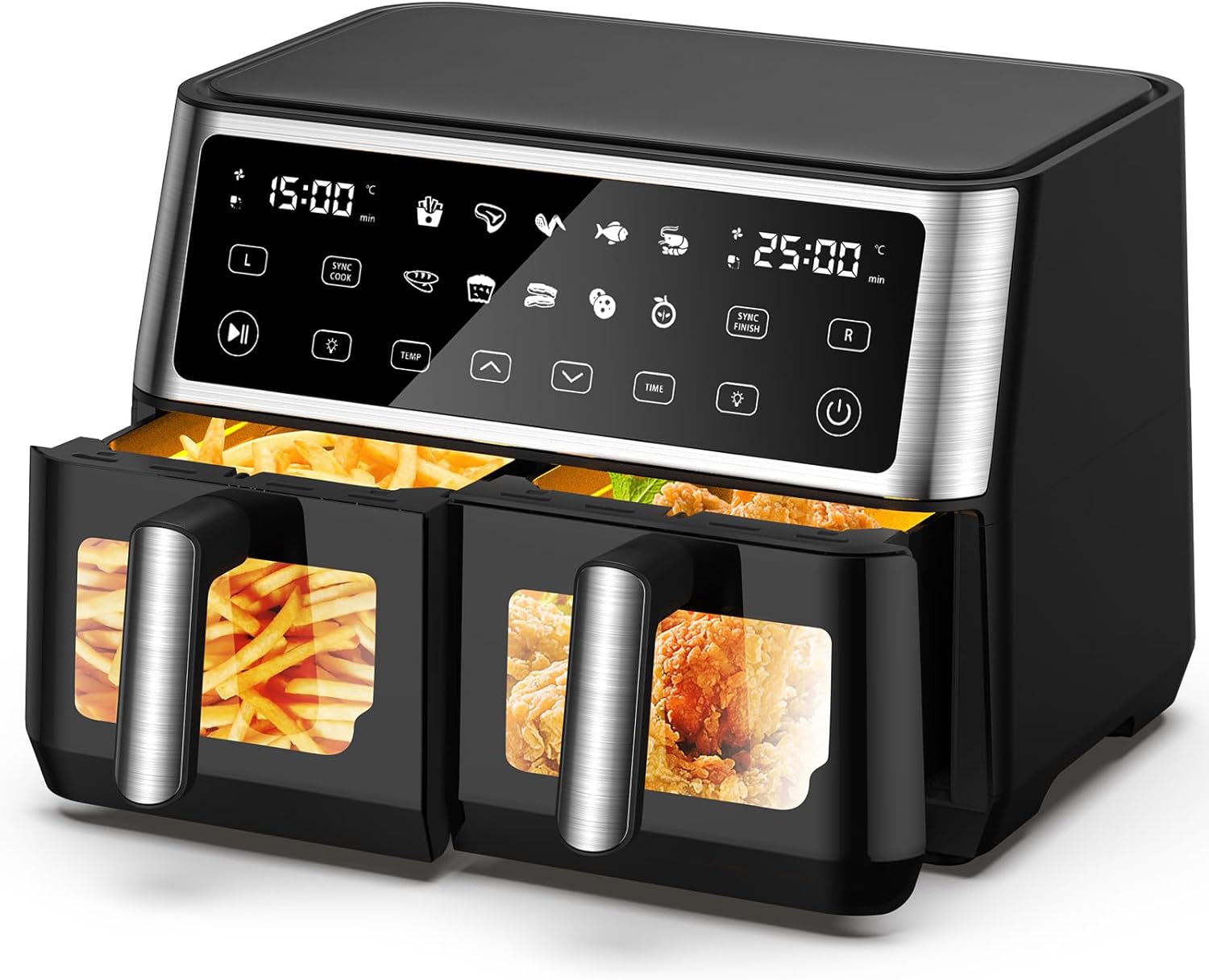 Heißluftfritteuse 2 Kammern mit Sichtfenster,10L Dual Zone XXL Airfryer,10-in-1 Voreingestellten Programmen, Touchscreen, Intelligente Synchronisierung und Timer, Energiesparend, Friteuse ohne Öl