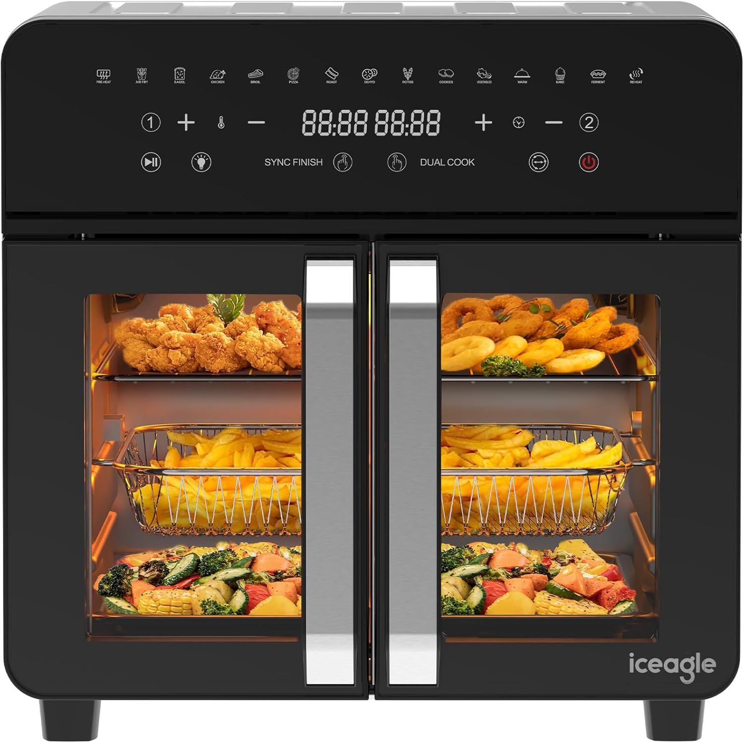 Heißluftfritteuse 23L Dual Zone - XXL Airfryer mit French Door | Heissluftfritteuse Ofen mit Doppelkammer, 15 Programme, 2200W, 12 Zubehör, Herausnehmbarem Trenner für Kochraum, 50-200℃
