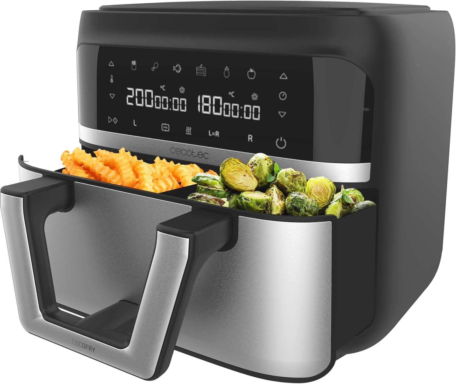 Cecotec Heißluftfritteuse 9 L CecoFry Advance Double. 2850 W, Kompakte, Digitale und ölfreie Diätfritteuse, zwei Körben mit Doppelter Temperatur und PerfectCook-Technologie
