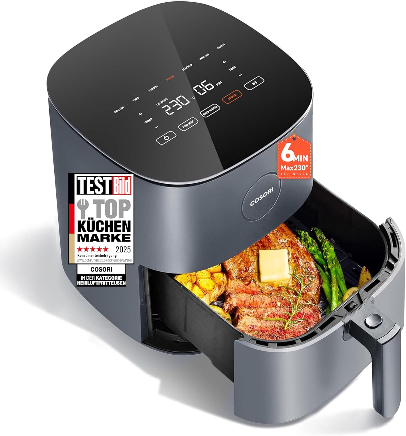 COSORI Airfryer, 7-in-1 Heissluftfritteuse, Max 230℃ & 55dB leise Heißluftfritteuse, 100+ Rezpete, Hähnchen, Steak, Speck, Tiefkühlkost, 55% energiesparend, spülmaschinenfest