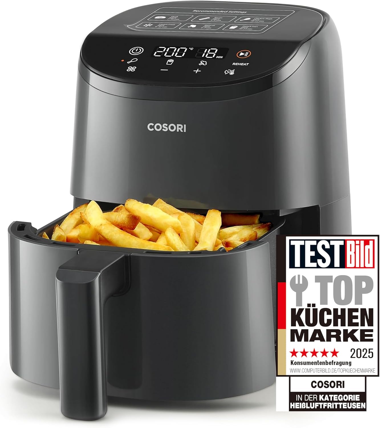 COSORI Heißluftfritteuse klein 2L, Mini-Airfryer für 1 Person, ideal für Camping, Reisen und Wohnmobile, schnell, kompakt, ohne Öl, energiesparend, Helles Schwarz