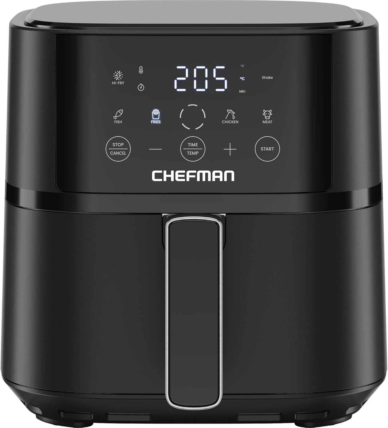 Chefman 3.8L Heißluftfritteuse, schnell & einfach, kompakte Heissluftfritteuse mit Hi-Fry Technologie, Touch Controls mit 4 Voreinstellungen, antihaftbeschichtet & spülmaschinenfest - Schwarz