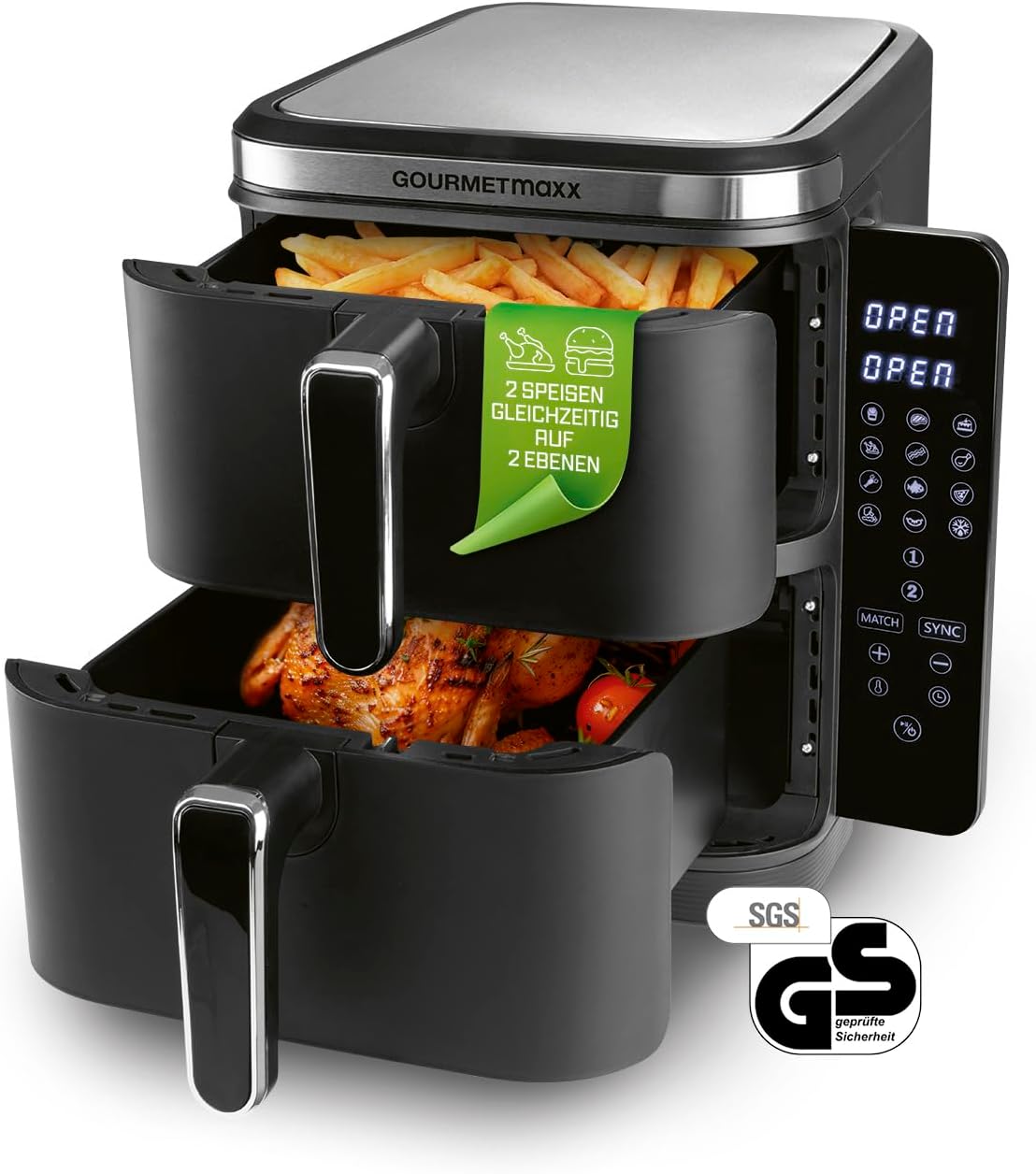 GOURMETmaxx FryUp Vertikale Doppelkammer Heißluftfritteuse | vertikaler Airfryer | klappbares Touchdisplay | 32% platzsparender | Fassungsvermögen 10L | Heißluftfritteuse 2 Kammern