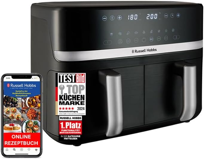 Russell Hobbs Heißluftfritteuse 2 Kammern 9L Rapid AirFryer [2 Fächer je 4,5l, sehr leiser Betrieb, 9 Programme] SatisFry Fritteuse (spülmaschinenfest, Match & Synchronisierungsfunktion) 27681-56