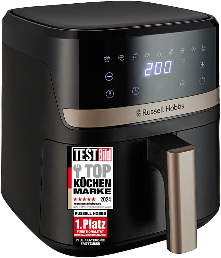 Russell Hobbs Heißluftfritteuse L 4,3L Rapid AirFryer [sehr kleines Gehäuse, sehr leise, 9 Programme] SatisFry (spülmaschinenfest, Fritteuse ohne Öl, TouchScreen, Grillen, Backen, Braten etc) 27610-56