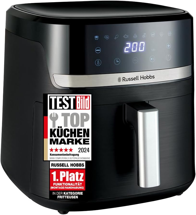 Russell Hobbs Heißluftfritteuse XXL 8,3L Rapid AirFryer [kompaktes Gehäuse, sehr leise, Pizza Ø 26cm] SatisFry (9 Programme, spülmaschinenfest, Fritteuse ohne Öl, TouchScreen,Grillen,Backen) 27632-56