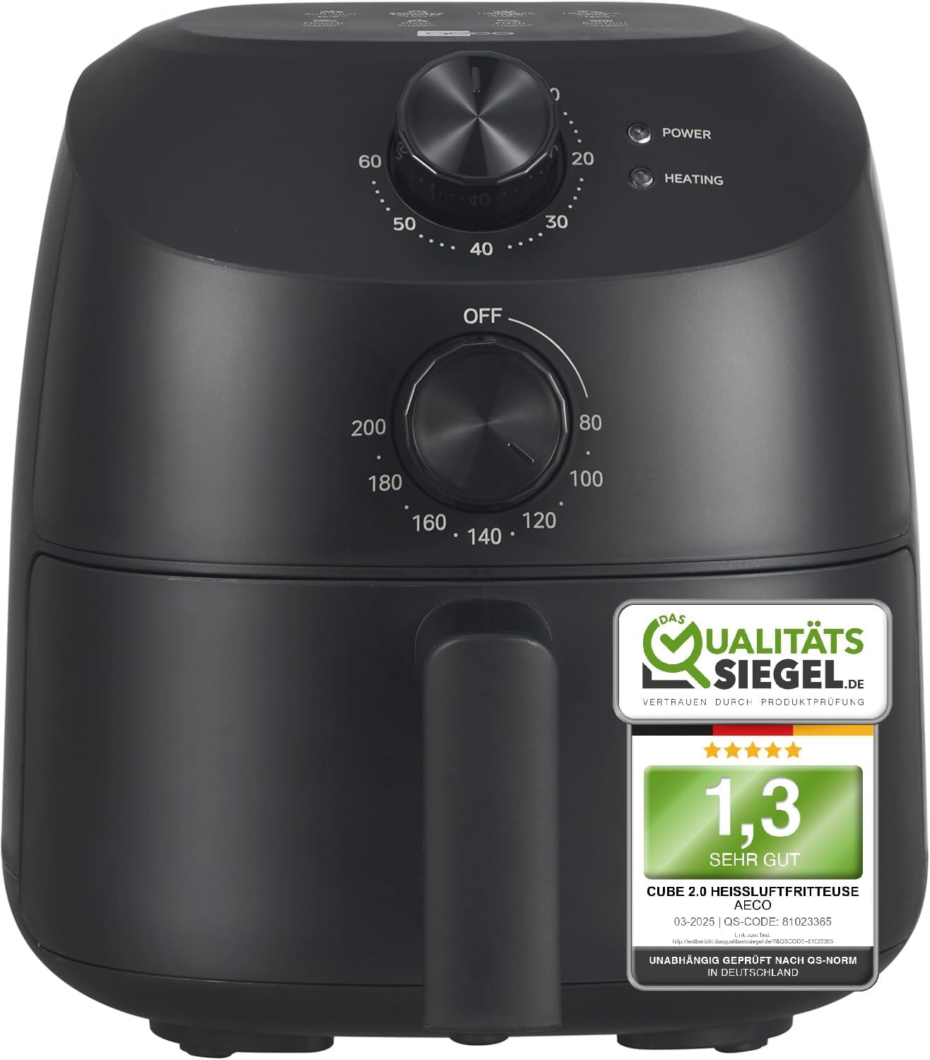 aeco Cube 2.0 Mini Airfryer – Kompakte Heißluftfritteuse, 2 Liter, BPA-frei, 60 Min. Timer, Antihaft, 80% weniger Öl, energieeffizient, Automatische Abschaltfunktion