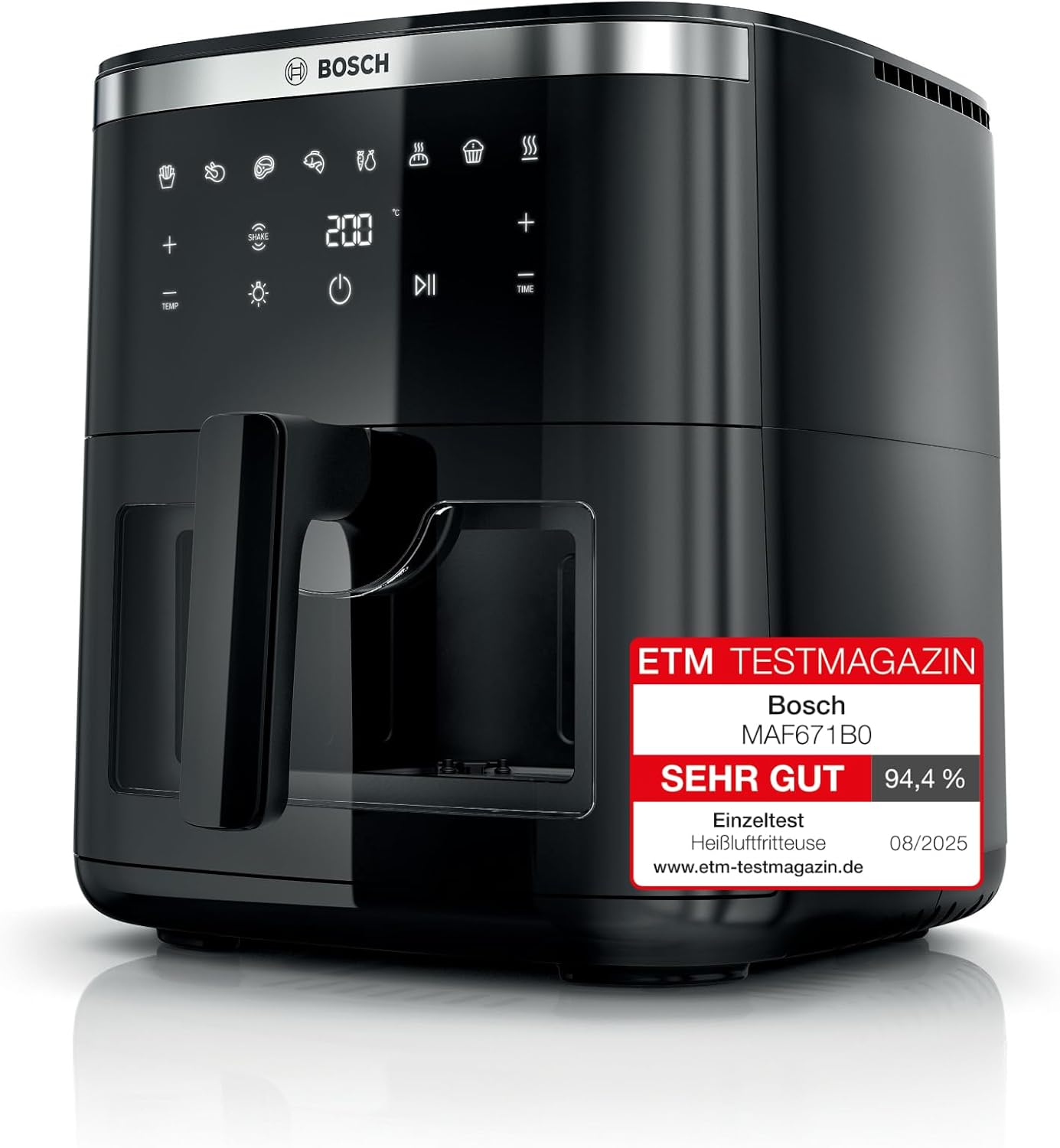 Bosch Heißluftfritteuse Serie 6, XXL 7,2 L Fassungsvermögen, 7 voreingestellte Programme, beleuchtetes Sichtfenster, bis zu 65% schnelleres Kochen, AirFryer in Schwarz, MAF671B0