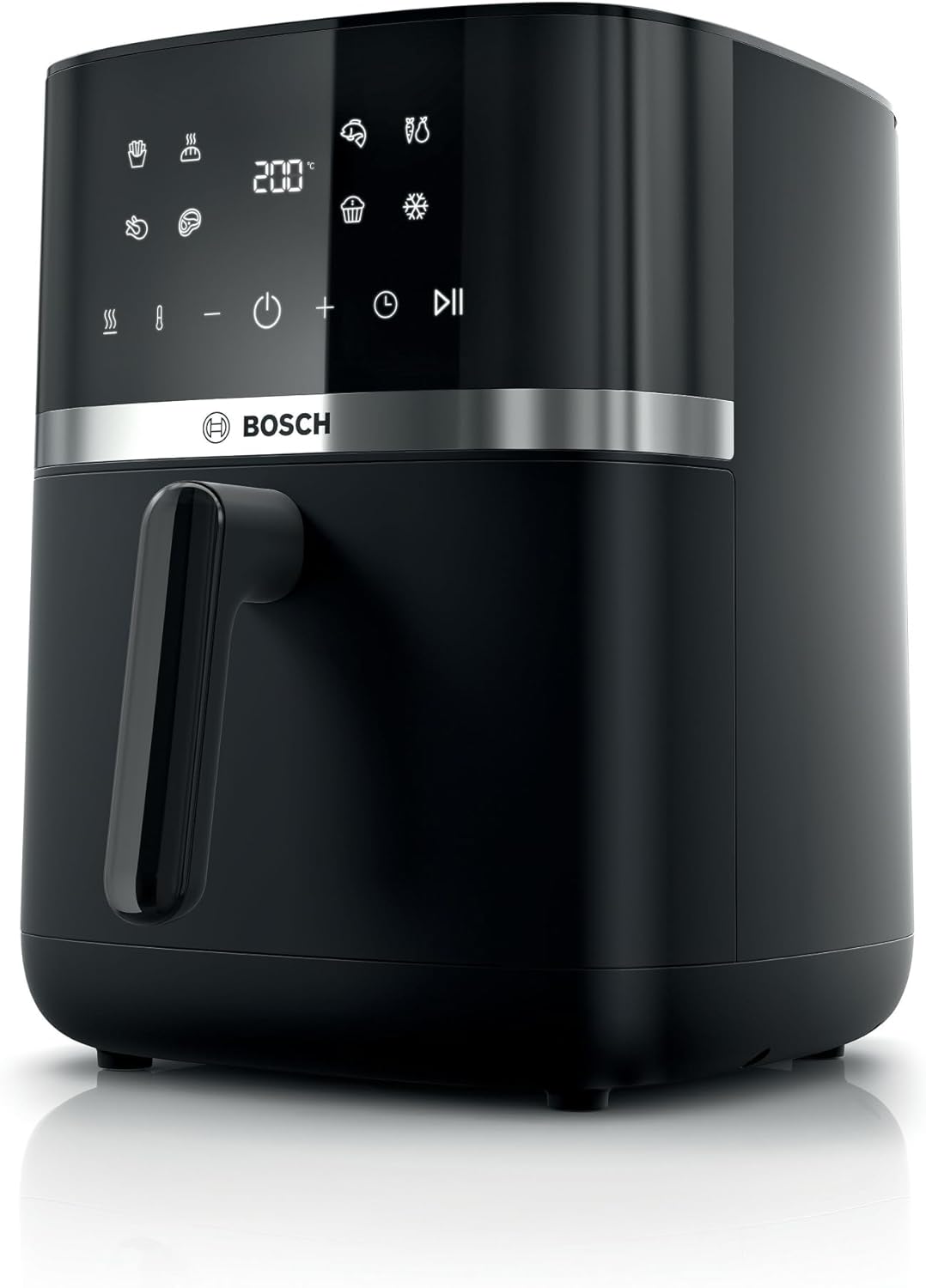 Bosch Heißluftfritteuse Serie 4, XL Air Fryer, schwarz, 6,1 L Fassungsvermögen, 7 Voreinstellungen, Auftau- und Warmhaltefunktion, Touchscreen, bis zu 60% schnelleres Kochen, MAF462B0