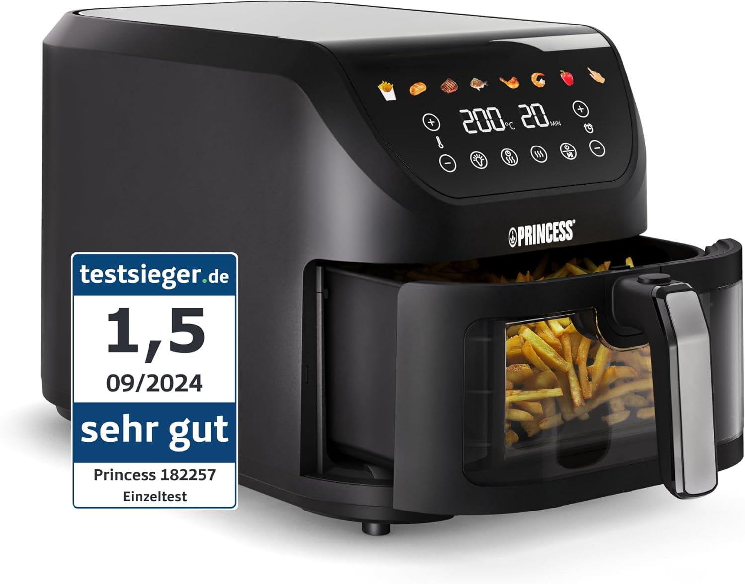 Princess SlimFry Airfryer, 8L Fassungsvermögen, 2000W, 8 Programme, Digitales Touchscreen, Einstellbare Temperatur, Sichtfenster, Automatische Abschaltung, Spülmaschinenfest, 182257