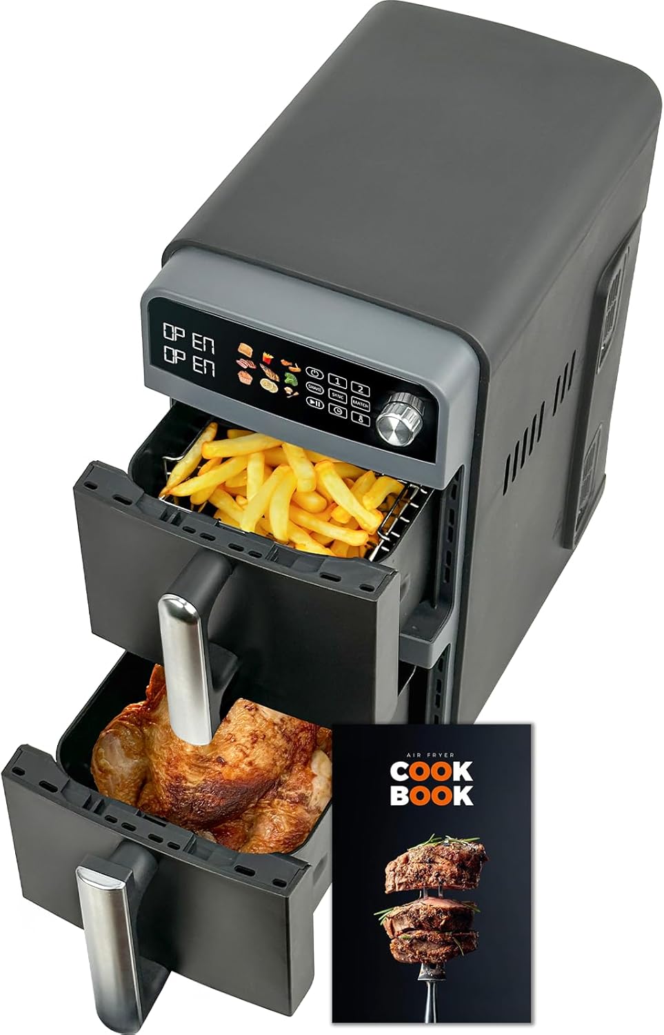 10L Double Stack XL airfryer Heißluftfritteuse | 2400W heißluftfritteuse 2 kammern | Gleichmäßiges Garen & Wende-Erinnerung | Sync/Match,9 Programme, Energie sparen, Spülmaschinenfest